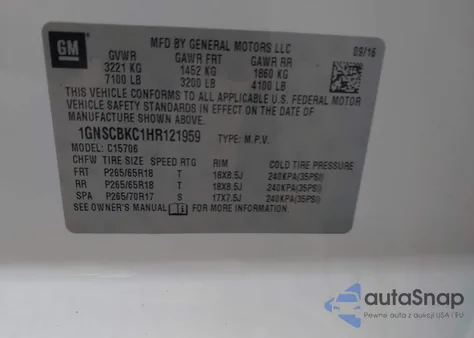 2017 Chevrolet Tahoe Lt z USA, uszkodzony, nr VIN 1GNSCBKC1HR121959